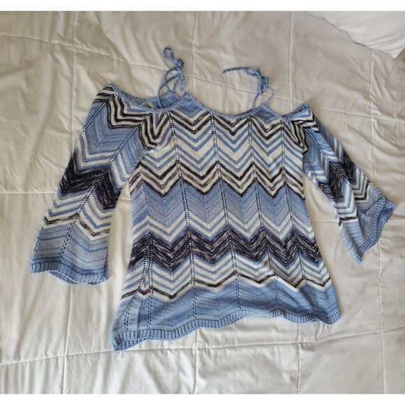 Ashley Stewart Sweater Womens XL Blue Chevron Tie Cold Shoulder Bell Sleeves - Picture 2 of 9
